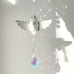 Barn owl suncatcher Ceramic owl window decor Cute home decoration Owl lover gift Whimsical room ornament Hanging crystal