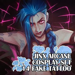 Jinx set of fake tattoo Cosplay Arcane game merch League of Legend Temporary sticker tat kawaii gift Otaku weeb design