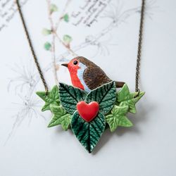 Ceramic robin bird necklace Cute bird pendant Bird lover gift Woodland bird Whimsical bird necklace Bird lady jewelry