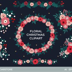 Christmas floral wreath clipart, winter flower bouqet
