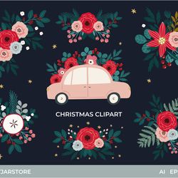 Christmas floral clipart set, car, winter bouquet clipart