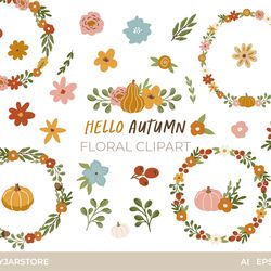 Hello Autumn digital clipart, autumn fall clipart, floral wreath, pumpkin, flower
