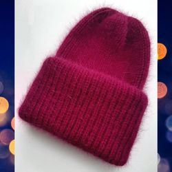 Angora hat with a double cuff, raspberry color.