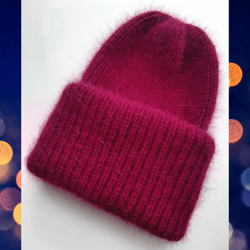 angora hat with a double cuff, raspberry color.