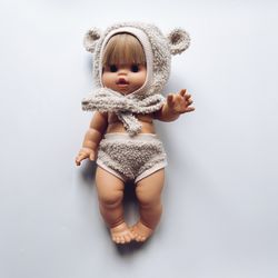 Bear bonnet and trousers for Minikane 13 inch 34 cm dolls, clothes Minikane doll, outfit Miniland dolls 15 inch