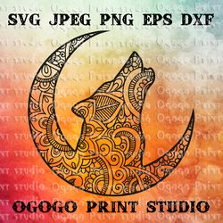 Mandala style Wolf SVG, zentangle SVG, cut file, Moon svg