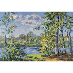 Lake Painting Landscape Original Art Tree Island Nature Artwork Plein Air Impressionism Canvas