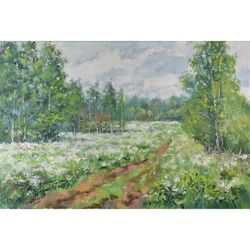 Summer Impressionism Landscape Birches Original Art Canvas Blooming Meadow