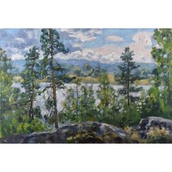 Pine Tree Painting Island Landscape Original Art Nature Artwork