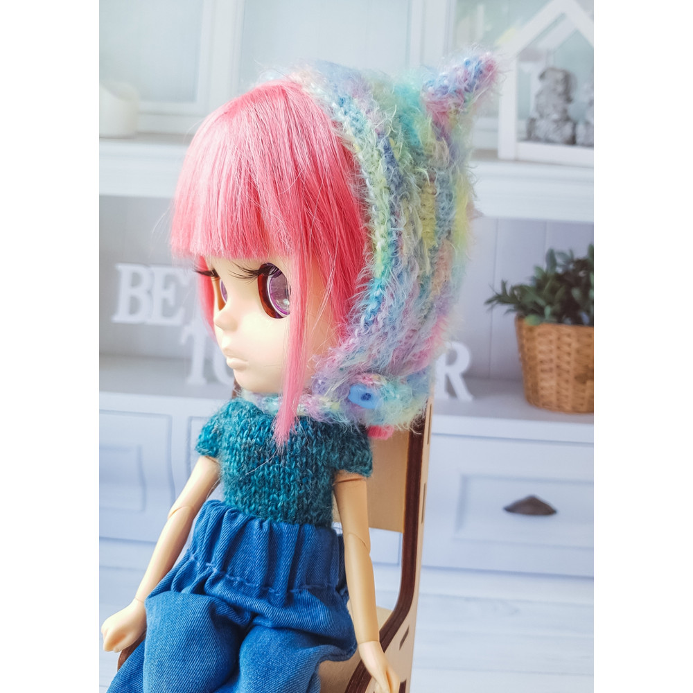 Pattern kitty hat for Blythe doll, Blythe knit helmet, Blythe knitting hat pattern, Knitting for dolls