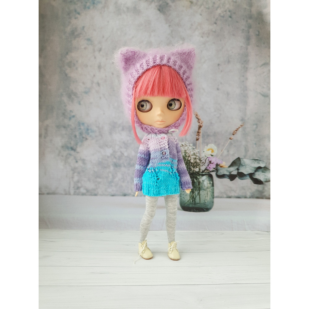 Blythe knitting pattern hat cat, Blythe knit helmet tutorial, PDF Blythe clothes, Primitive pattern for Blythe