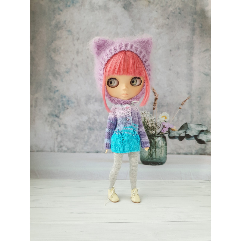 Blythe knitting pattern hat cat, Blythe knit helmet tutorial, PDF Blythe clothes, Primitive pattern for Blythe
