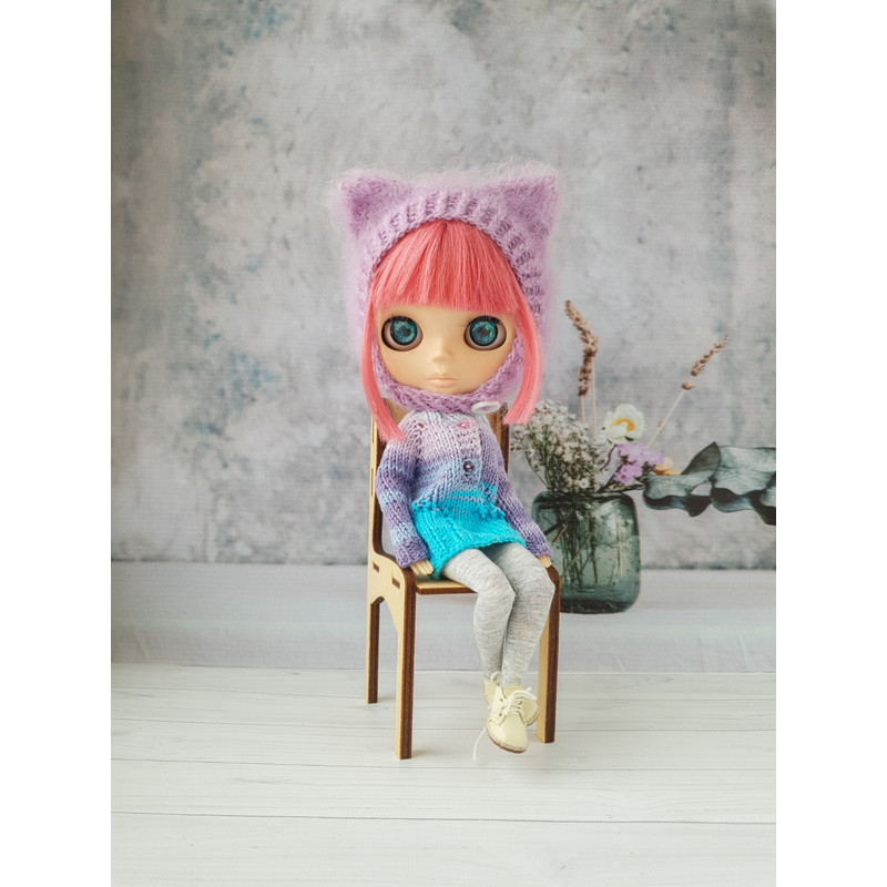 Blythe knitting pattern hat cat, Blythe knit helmet tutorial, PDF Blythe clothes, Primitive pattern for Blythe