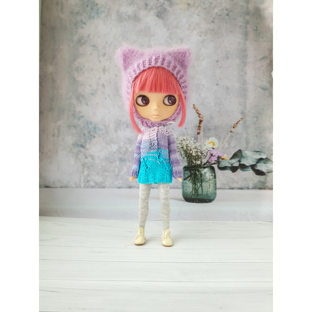 Blythe knitting pattern hat cat, Blythe knit helmet tutorial, PDF Blythe clothes, Primitive pattern for Blythe