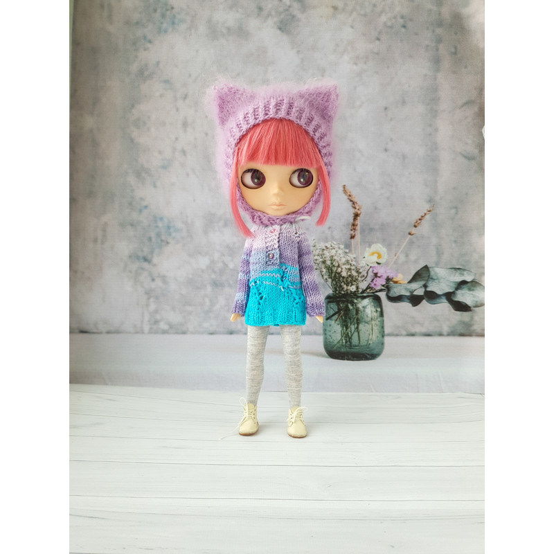 Blythe knitting pattern hat cat, Blythe knit helmet tutorial, PDF Blythe clothes, Primitive pattern for Blythe