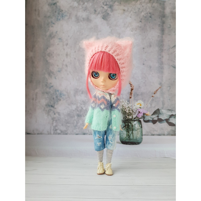 Blythe knitting pattern hat cat, Blythe knit helmet tutorial, PDF Blythe clothes, Primitive pattern for Blythe