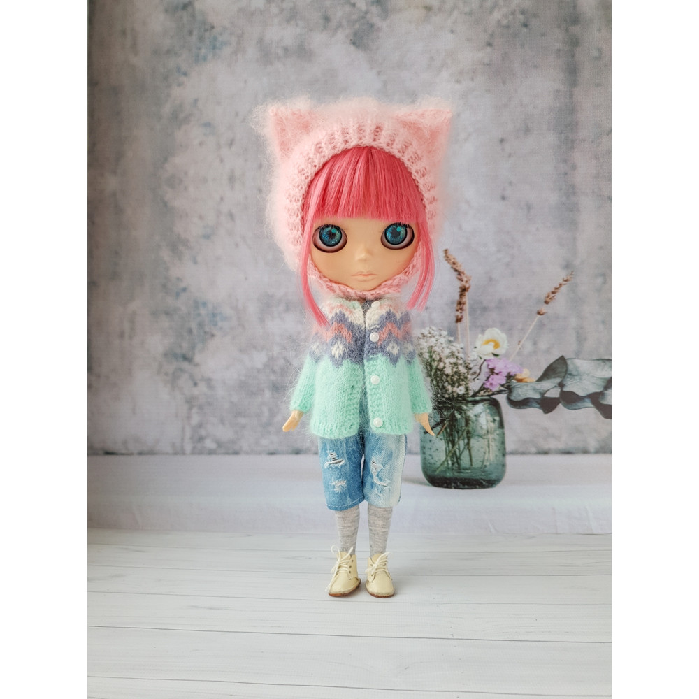 Blythe knitting pattern hat cat, Blythe knit helmet tutorial, PDF Blythe clothes, Primitive pattern for Blythe