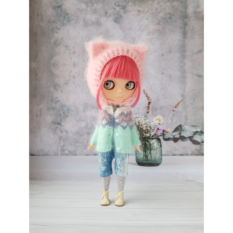 Blythe knitting pattern hat cat, Blythe knit helmet tutorial, PDF Blythe clothes, Primitive pattern for Blythe
