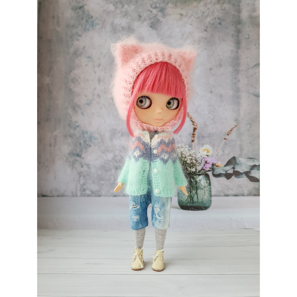Blythe knitting pattern hat cat, Blythe knit helmet tutorial, PDF Blythe clothes, Primitive pattern for Blythe