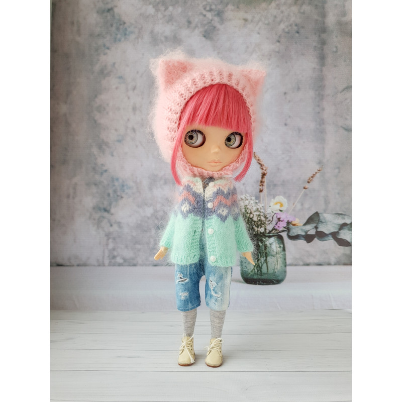Blythe knitting pattern hat cat, Blythe knit helmet tutorial, PDF Blythe clothes, Primitive pattern for Blythe