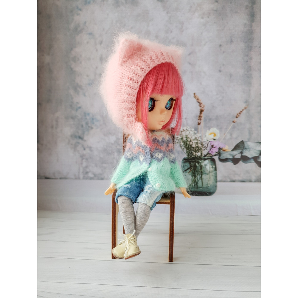 Blythe knitting pattern hat cat, Blythe knit helmet tutorial, PDF Blythe clothes, Primitive pattern for Blythe