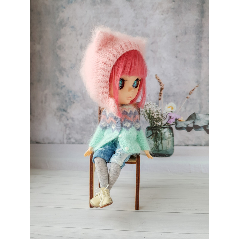 Blythe knitting pattern hat cat, Blythe knit helmet tutorial, PDF Blythe clothes, Primitive pattern for Blythe