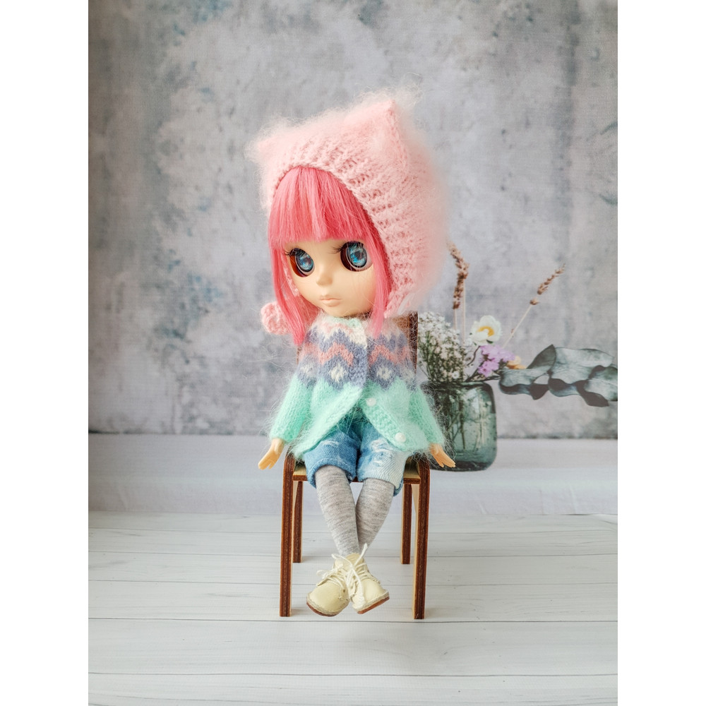 Blythe knitting pattern hat cat, Blythe knit helmet tutorial, PDF Blythe clothes, Primitive pattern for Blythe