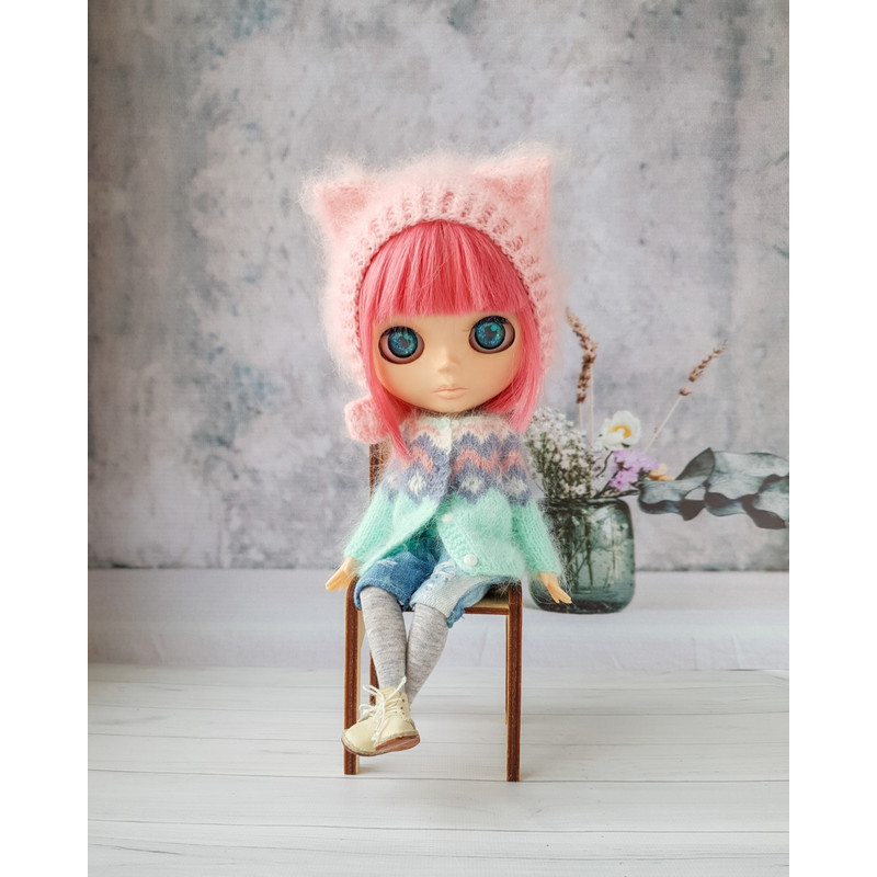 Blythe knitting pattern hat cat, Blythe knit helmet tutorial, PDF Blythe clothes, Primitive pattern for Blythe