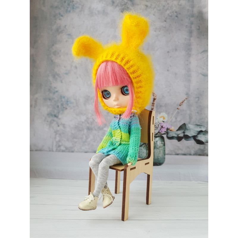 Blythe pattern knitting hat Bunny, Blythe hat knit tutorial, Doll hat knitting pattern, Blythe clothes