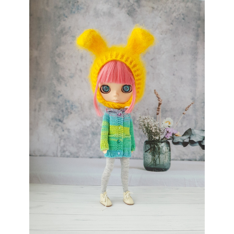Blythe pattern knitting hat Bunny, Blythe hat knit tutorial, Doll hat knitting pattern, Blythe clothes