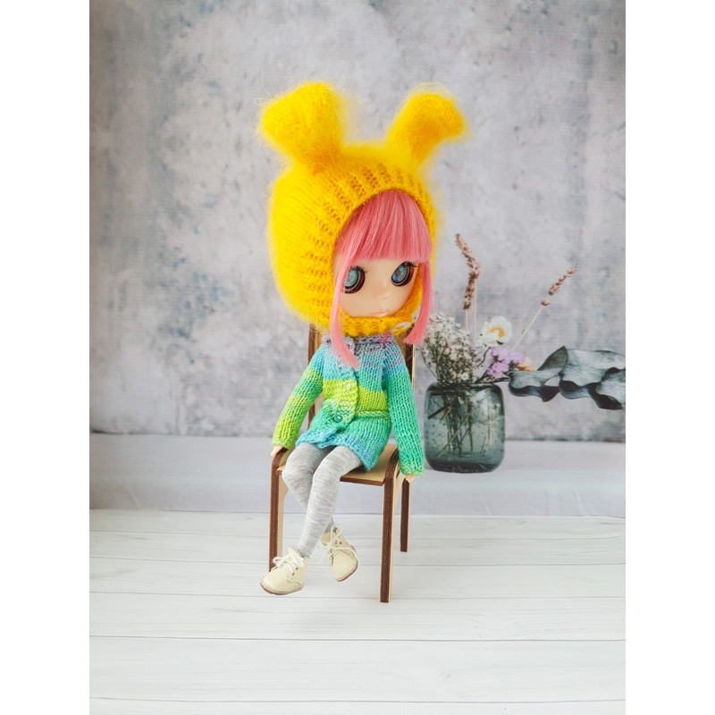 Blythe pattern knitting hat Bunny, Blythe hat knit tutorial, Doll hat knitting pattern, Blythe clothes