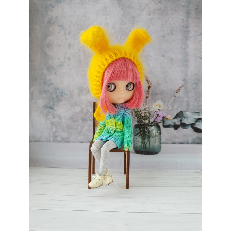 Blythe pattern knitting hat Bunny, Blythe hat knit tutorial, Doll hat knitting pattern, Blythe clothes