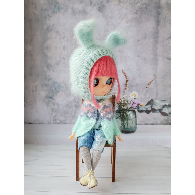 Blythe pattern knitting hat Bunny, Blythe hat knit tutorial, Doll hat knitting pattern, Blythe clothes
