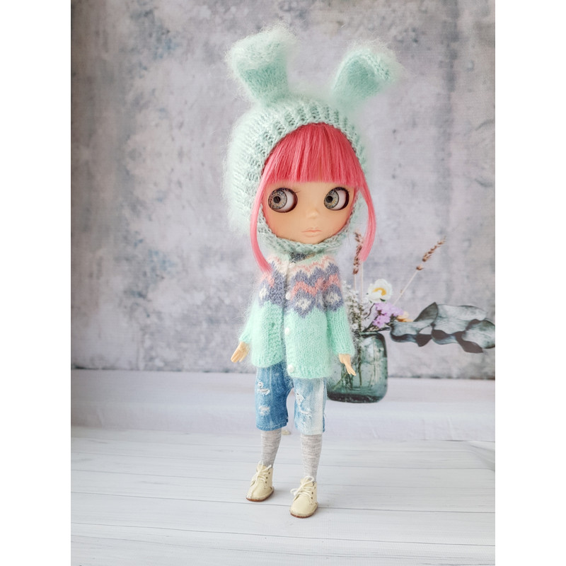Blythe pattern knitting hat Bunny, Blythe hat knit tutorial, Doll hat knitting pattern, Blythe clothes