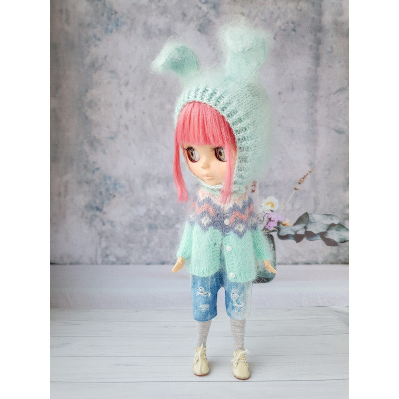 Blythe pattern knitting hat Bunny, Blythe hat knit tutorial, Doll hat knitting pattern, Blythe clothes