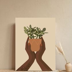 black plant parent art, digital poster, black plant mom gift, vlack hands artm melanin art, black plant lover print.