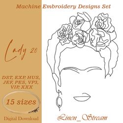 Lady 20  Machine embroidery design in eight embroidery formats in 15 sizes.