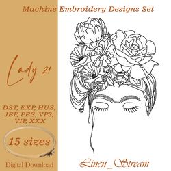 Lady 21 Machine embroidery design in eight embroidery formats in 15 sizes.