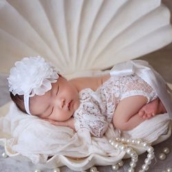 Newborn Girl Outfit Photo Prop Baby Infant 2 Pcs Set Lace Bodysuit Flower Headband Photography Set