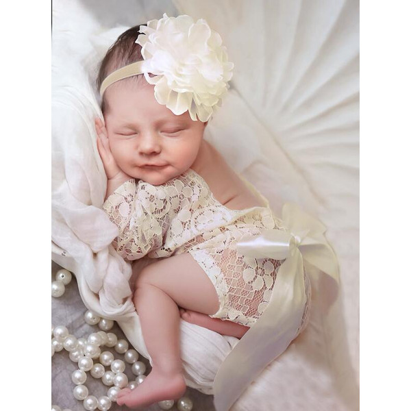 Newborn Girl Outfit Photo Prop Baby Infant 2 Pcs Set Lace Bodysuit Flower Headband (4).jpg