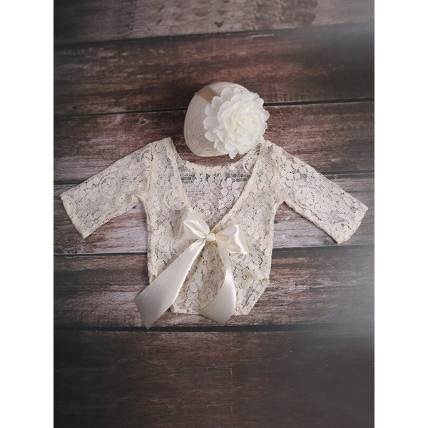 Newborn Girl Outfit Photo Prop Baby Infant 2 Pcs Set Lace Bodysuit Flower Headband (6).jpg