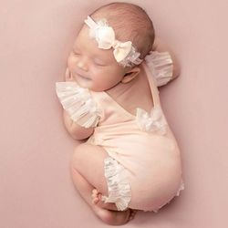 Newborn Girl Mesh Ruffle Trim Bodysuit Headband Photography Prop Photography Set Baby Clothing