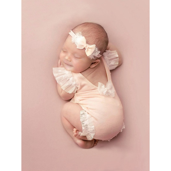 Newborn Girl Mesh Ruffle Trim Bodysuit Headband Photography Prop Photography Set Baby Clothing (1).jpg