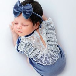 Newborn Girl Lace Ruffle Trim Velvet Bodysuit Headband Photography Prop Photography Set Baby Clothing