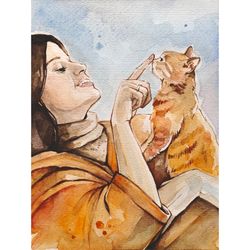 pet painting cat original art girl with cat watercolor artwork young woman portrait animal art hugs wall art by alyonart