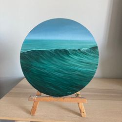 Emerald Green Wave Painting, Small Oil Painting, Round Canvas Art, Seascape Painting, Ocean Wall Decor