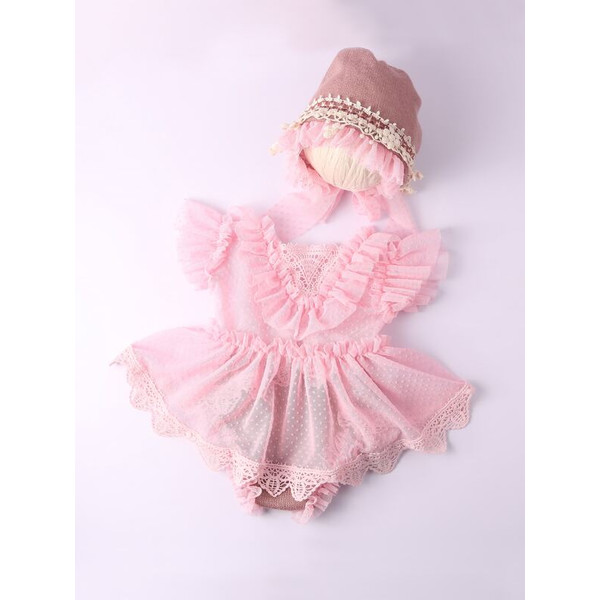 Newborn Girl Polka Dot Photography Prop Ruffle Hem Flared Lace Dress Hat Photography Set 4Pcs (5).jpg
