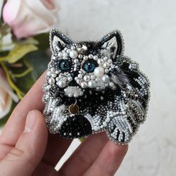 Beaded Cat Brooch Handmade. Embroidered Animal Brooch Pin. Cat Lover Gift