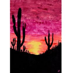 Saguaro Park Painting Cacti Original Art Arizona Desert Landscape Artwork