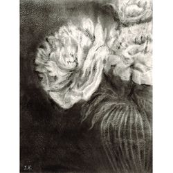 white peonies in a vase still life. original oil painting 14x11''